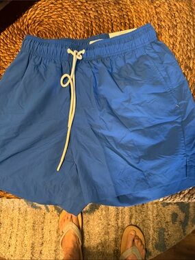 Men's Blue Elastic-Waist Swim Trunks with Contrast Drawstring